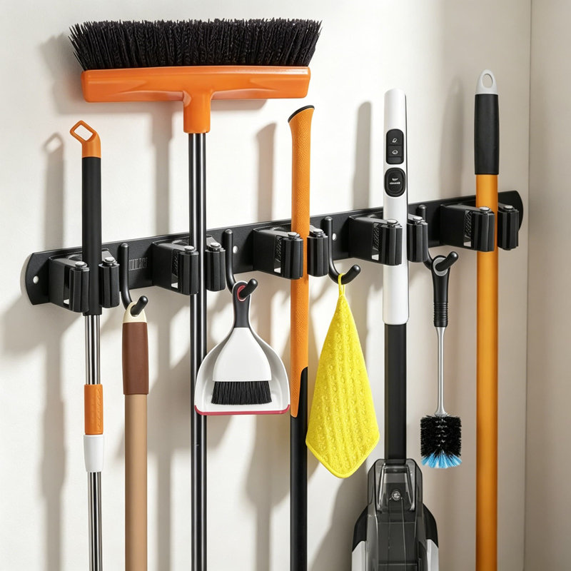 Support mural robuste en acier inoxydable pour porte-balais avec 5 supports et 4 crochets - Rangement pour garage et buanderie auto-adhésif ou à visser pour balais, vadrouilles et outils