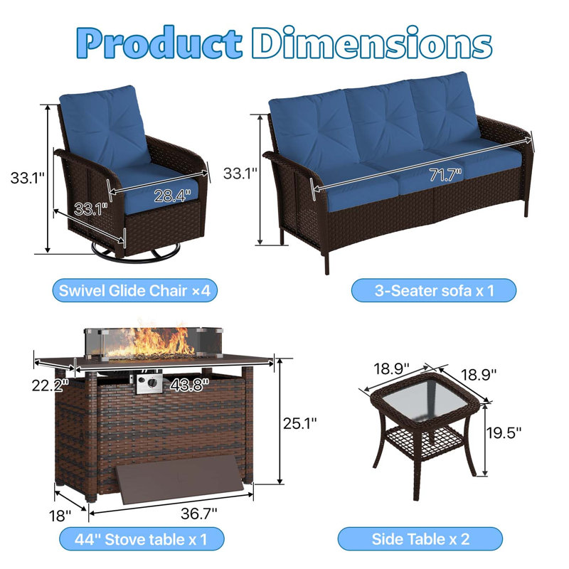 Ensemble de conversation de patio extérieur en osier 8 pièces avec des chaises pivotantes et des poufs, Marine, Brun