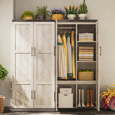 71“ Farmhouse Large Wardrobe Closet, Wooden Storage Cabinet with Hanging Rod & Shelves for Bedroom