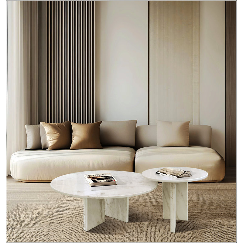 Semi-Polished Marble Round Nesting Table Set Of 2, Perfect For Living Rooms, Natural And Genuine Stone Elegance, White