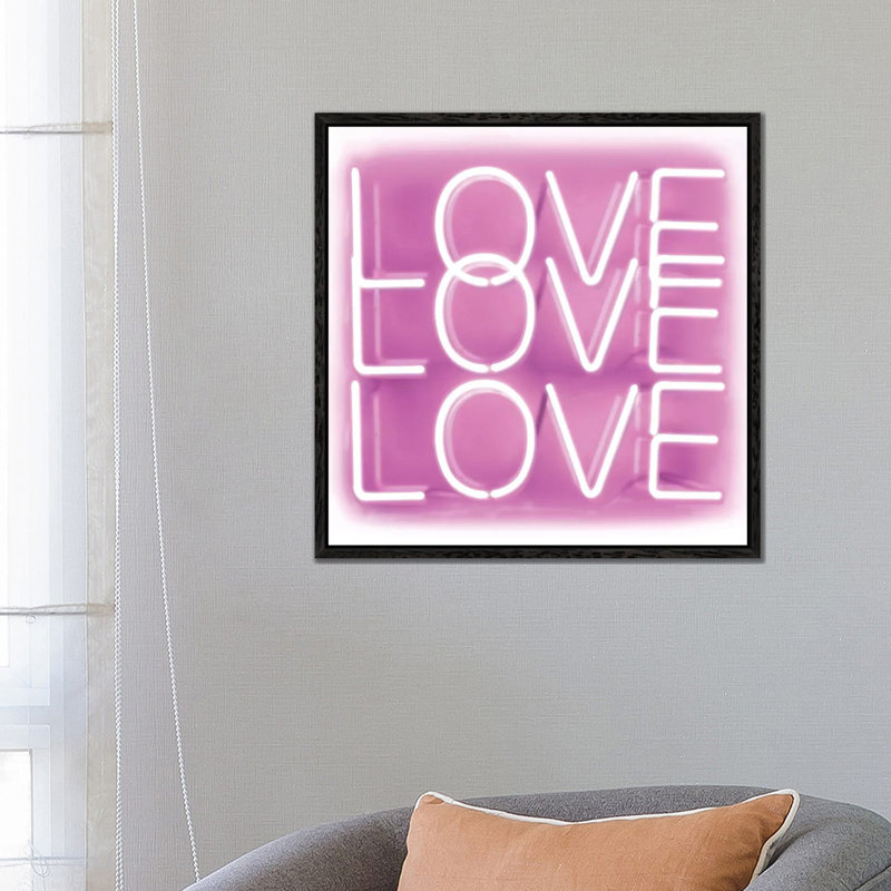 Neon Love Love Love Pink on White 1 Piece Wall Art on Canvas, 66.04 cm H x 66.04 cm W, Black Framed