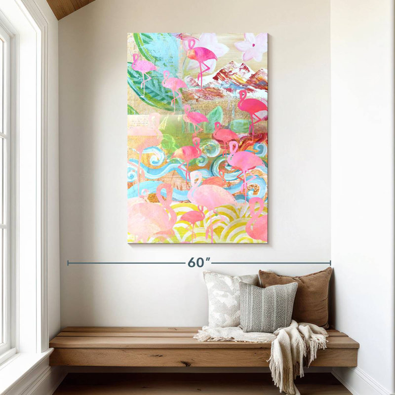 Flamant rose collage, H 48 po x l 32 po