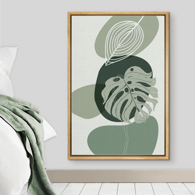 Signe, reproduction d'art sur toile encadrée, feuille de Monstera vert avec cercles oblongs, plantes florales, art numérique, art moderne, tropical, coloré, frais pour le salon, la chambre à coucher, le bureau - 24 po x 36 po - blanc