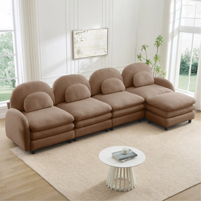 Canapé 4 places en tissu de style nuage Meka, dossier incurvé et accoudoirs avec coussins lombaires courbés, canapé modulaire 4 places modulaire avec repose-pieds mobile et coussin de soutien à double couche, brun clair