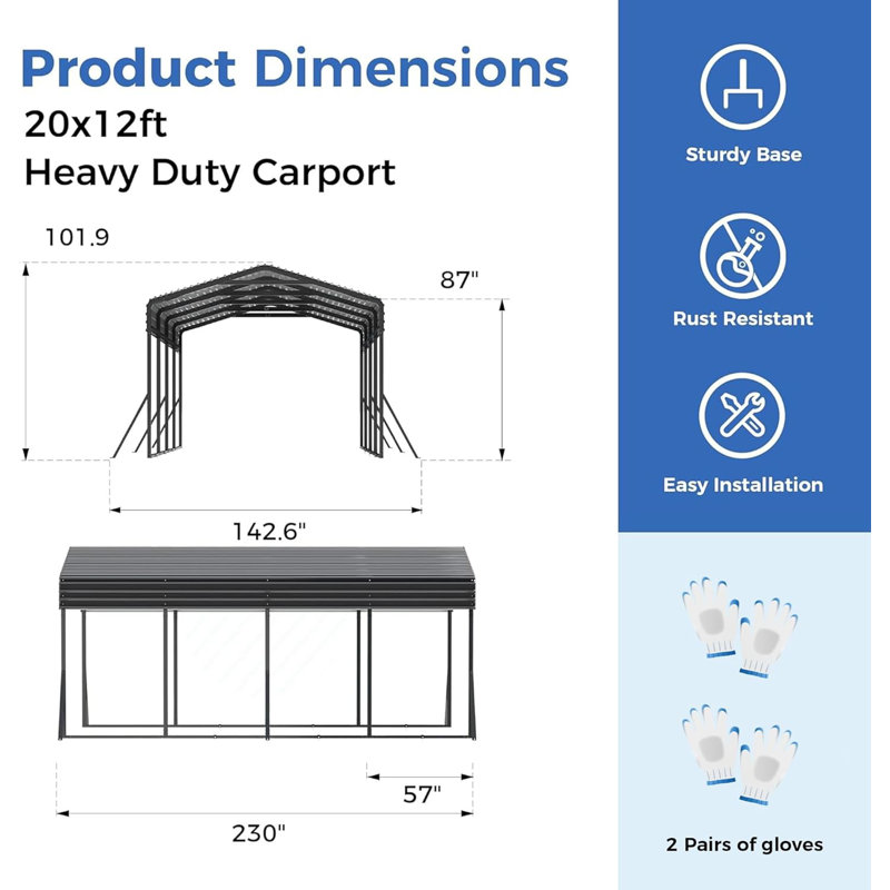 12 ft. W x 20 ft. D Heavy Duty Metal Carport With Reinforced Frame, Car Canopy and Shelter