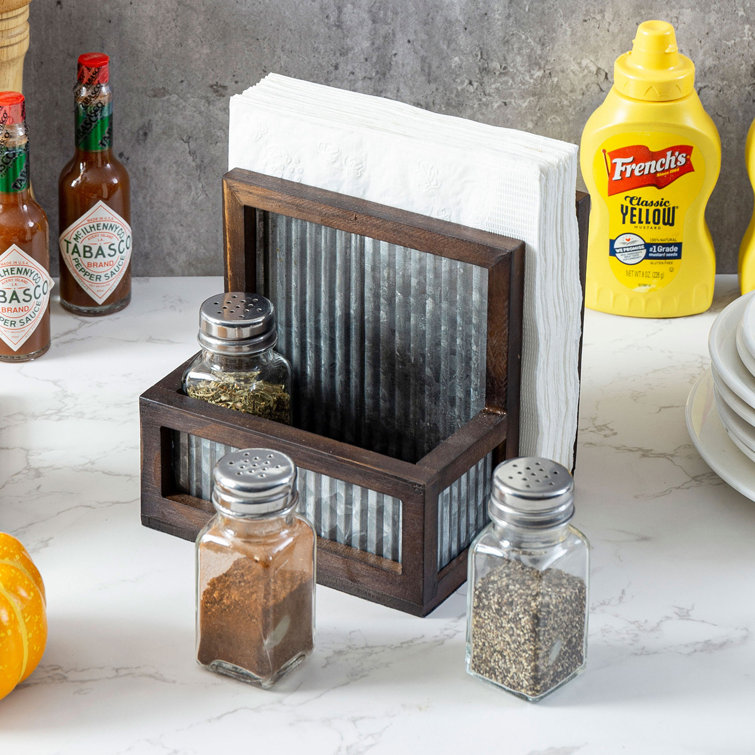 Rustic Wood Napkin Holder with 3 Salt and Pepper Shaker Set