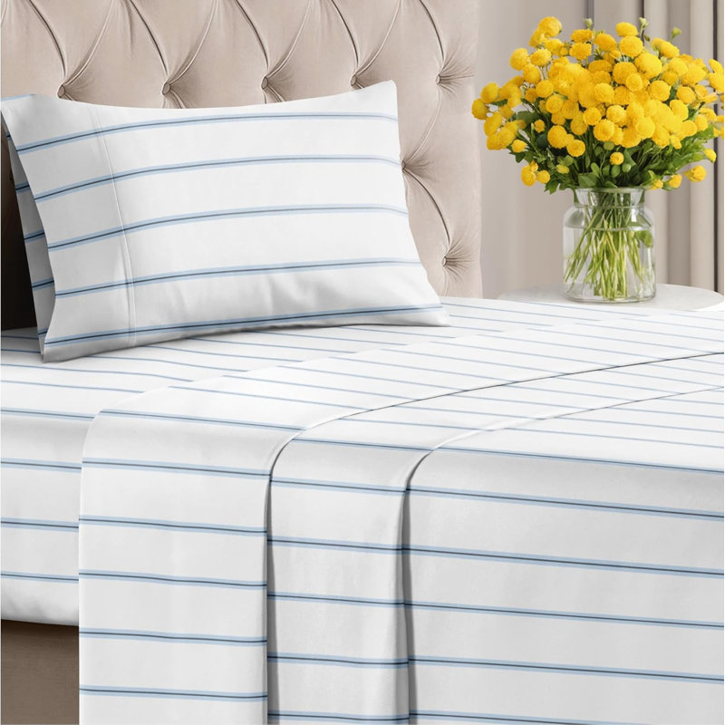 Striped Sheet Set, Cooling Bed Sheets, Soft & Wrinkle Free, Breathable Bedding, Twin Sheet Set with 1 Pillowcase