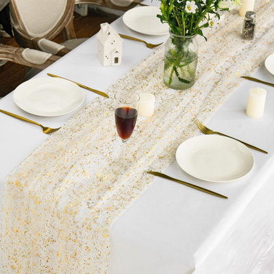 Beige Gold Gauze Table Runner 120 Inch 10Pcs, Glitter Metallic Foil Sheer Dining Wedding Anniversary Holiday Birthday Table Decor for Home Party