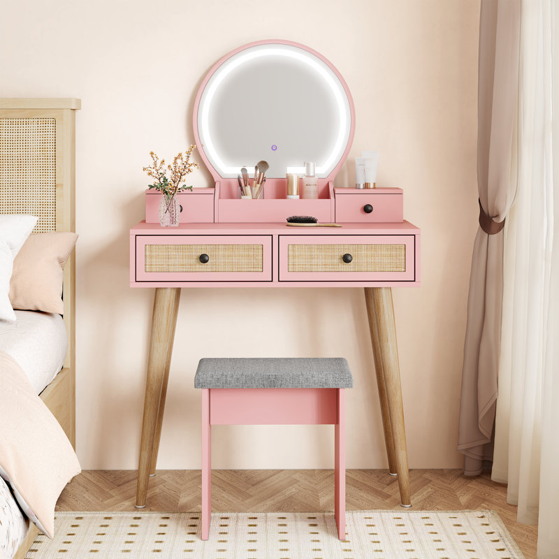 Coiffeuse en rotin naturel Iesa Boho avec miroir DEL et tabouret, Rose