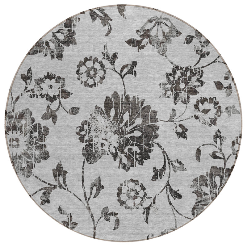 8' Grey Charcoal And Silver Round Floral Washable Indoor Outdoor Area Rug