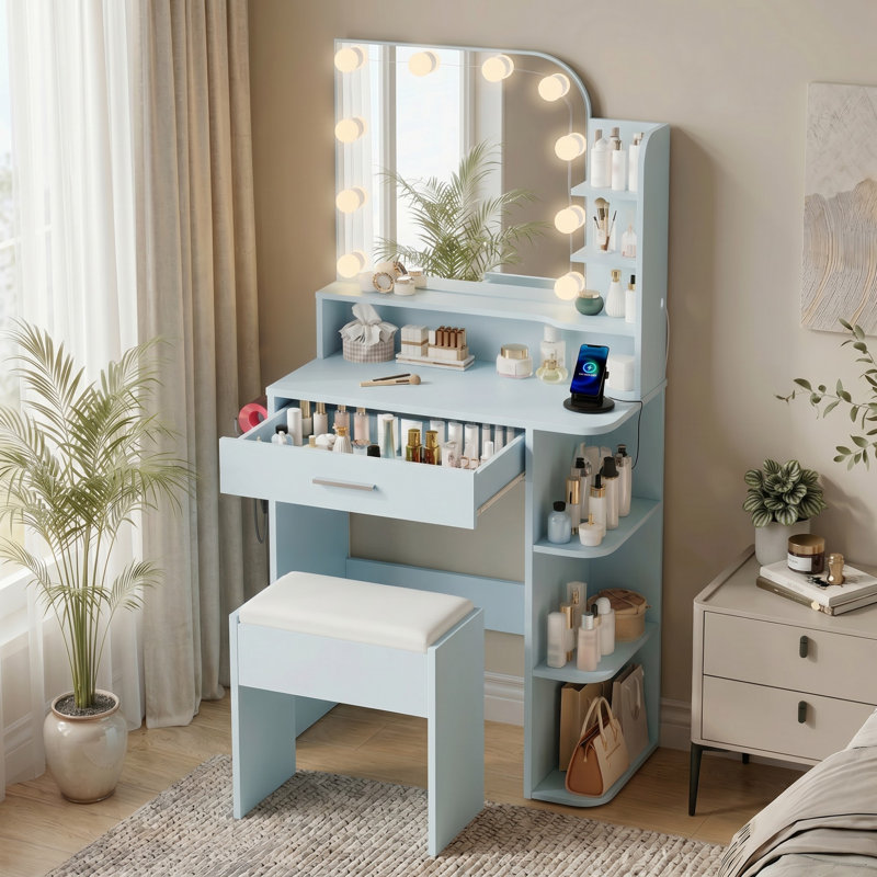 Jaseria Makeup Vanity Set with LED Lighted Mirror & Power Outlet, Vanity Table with 6 Storage Shelves for Bedroom, Blue