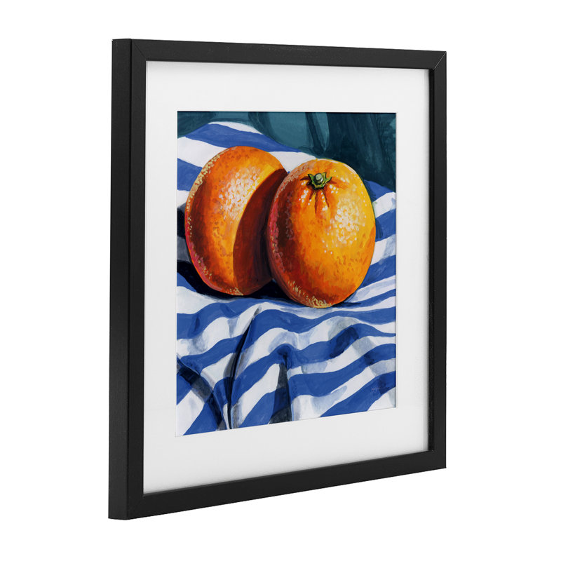 Oranges sur toile rayée, reproduction sous verre, design par Kate Jarvik Birch, H 13 po x l 13 po, Cadre noir minuit