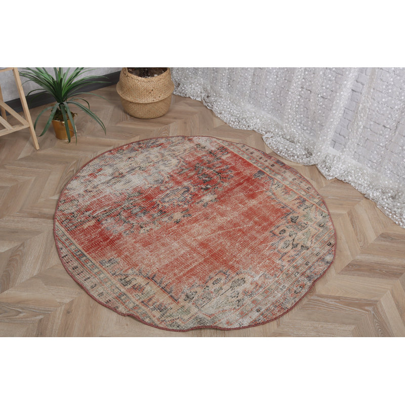 Tapis turc rond fait à la main en laine rouge idéal pour les vestibules et les espaces décoratifs - style rétro anatolien