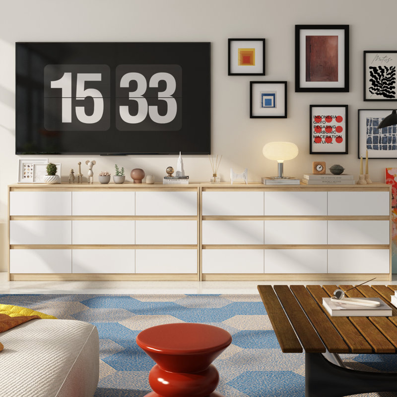 Janeiya 126" W 18-Drawer Solid and Manufactured Wood Double Dresser, Brown/White