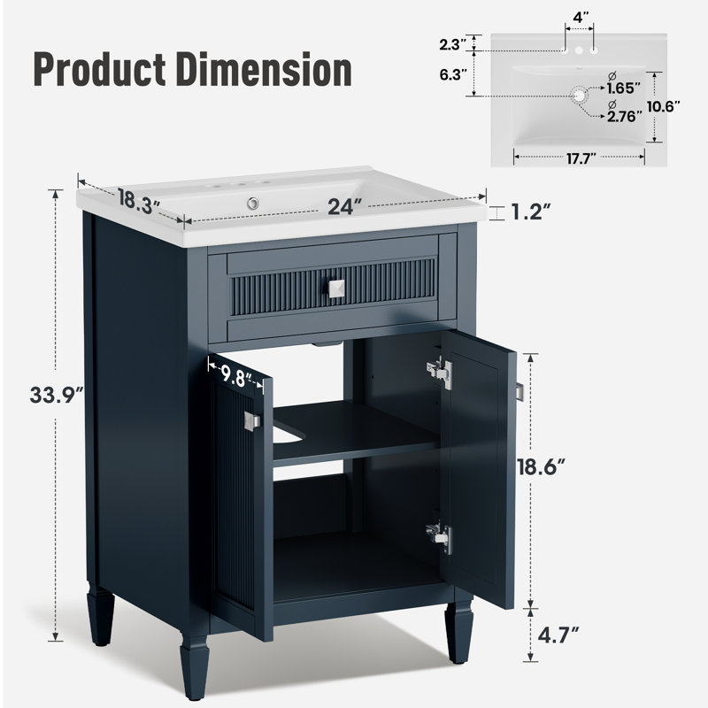 Meuble-lavabo simple autoportant 24 po avec comptoir en céramique et lavabo intégré 24 po, Bleu gris anthracite