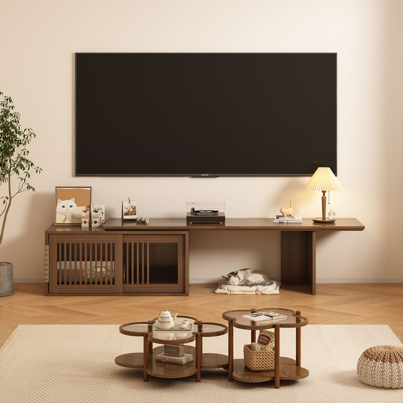Meuble télé adapté aux animaux de compagnie pour téléviseur de 85 po ou moins, plateau de table rotatif extensible, console de télévision avec espace de vie pour animaux