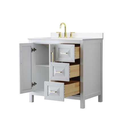 Meuble-lavabo simple 36 po Daria en blanc, comptoir en marbre de culture blanc, lavabo carré encastré (3 trous), garniture or brossé