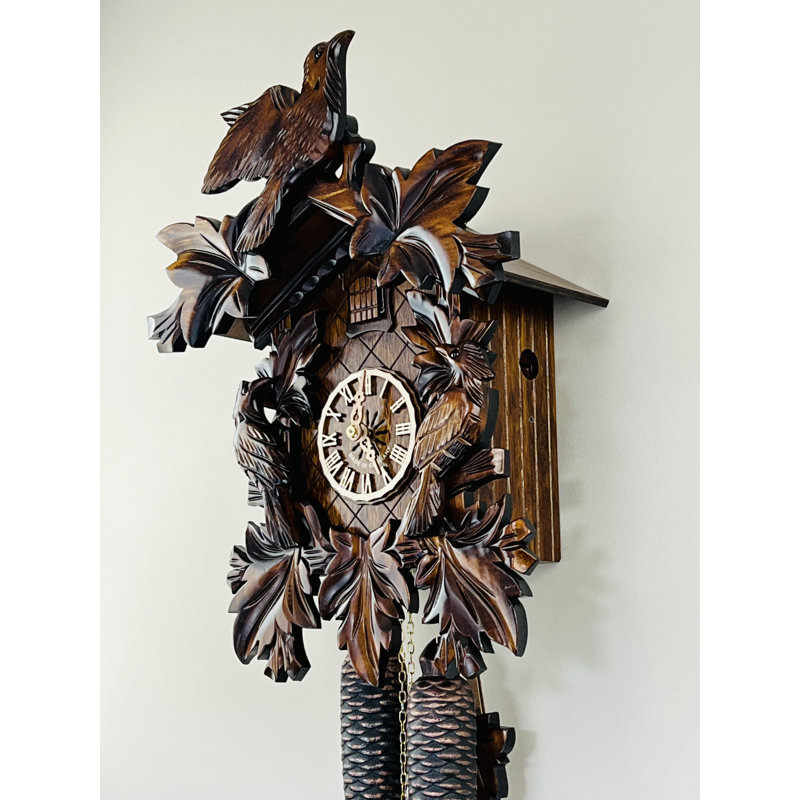  Eight Day Cuckoo Clock – 16 in Height – Three Hand-Carved Birds & Seven Leaves