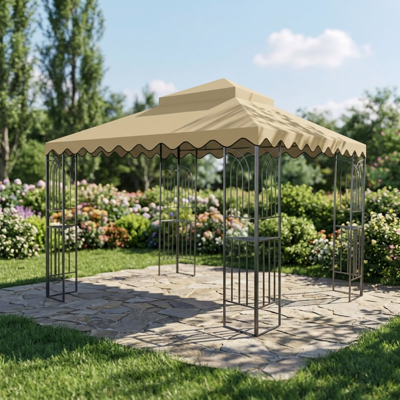 Auvent de remplacement seulement pour pavillon de jardin extérieur de 10 x 10 pieds, conception à deux niveaux avec bordure ondulée, couleur brun clair, cadre non inclus