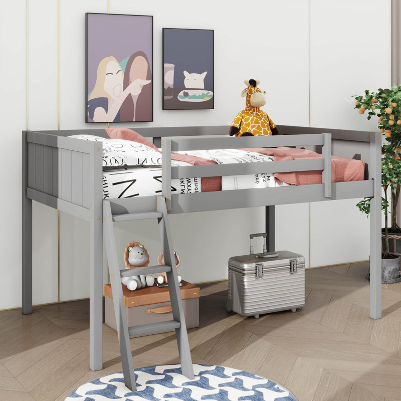 Twin size Wood Low Loft Bed with Ladder, Gray