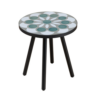 18" Round Mosaic Outdoor Side Table - Handcrafted Art Deco Patio End Table With Rust-Resistant Powder-Coated Metal Frame For Garden, Balcony & Living Room