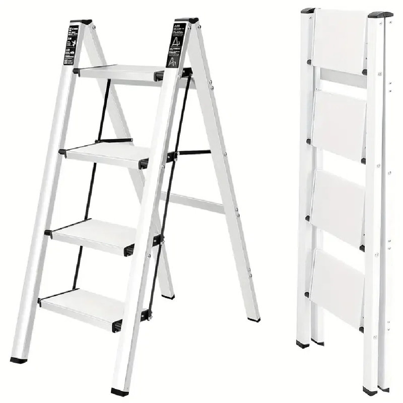 Marchepied pliant en aluminium blanc à 4 marches avec pédale antidérapante, léger et robuste pour la maison, la cuisine et l'extérieur