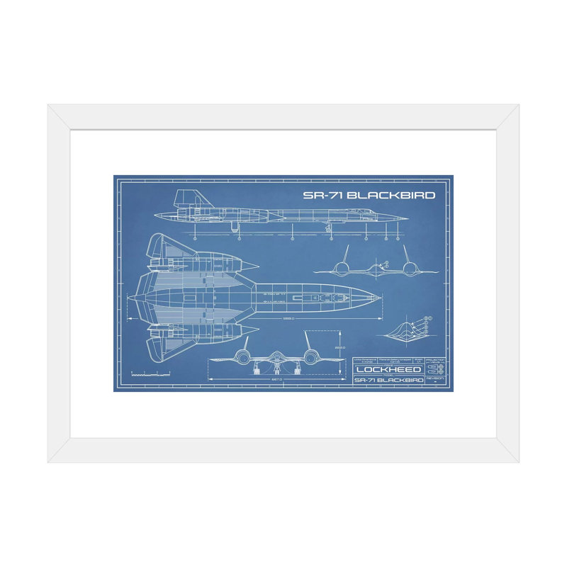 « SR-71 »-plan d’un avion d’espion-dessin imprimé, Papier encadré blanc, Blanc, H 24 po x l 32 po x P 1 po