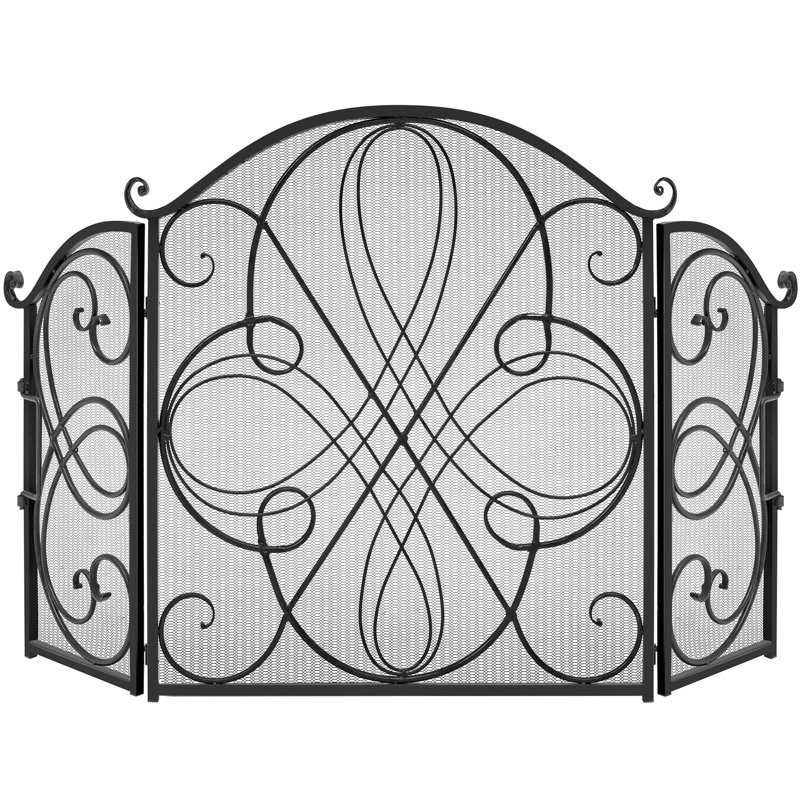 Black Wrought Iron 3-Panel Mesh Fireplace Screen with Decorative Scrolls