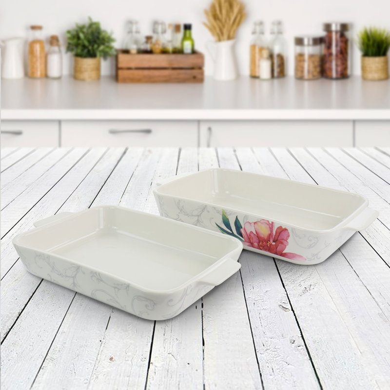 White Floral Ceramic 2-Piece Baker Set