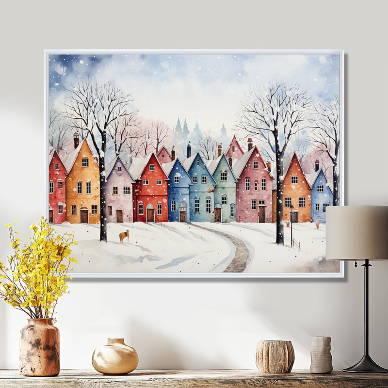 Décoration murale multicolore ville givrée en hiver II - Paysage d'hiver, Cadre flottant blanc, H 24 po x l 32 po x P 1 po