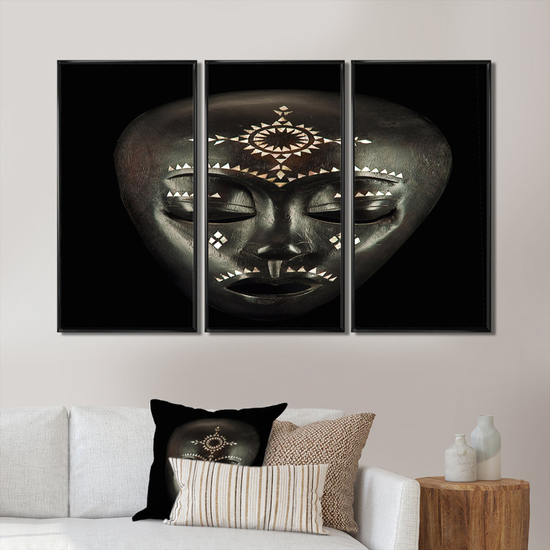 Ethnical Traditional African Mask - 3 pièces, cadre flottant, impression sur toile, Noir, L 36 po x H 28 po
