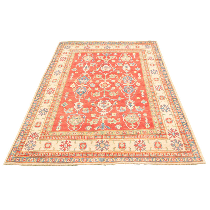 Tapis unique en laine noué à la main style Ouzbék Gazni des années 2010 de 6 pi 2 po x 9 pi 4 po rouge Quelon