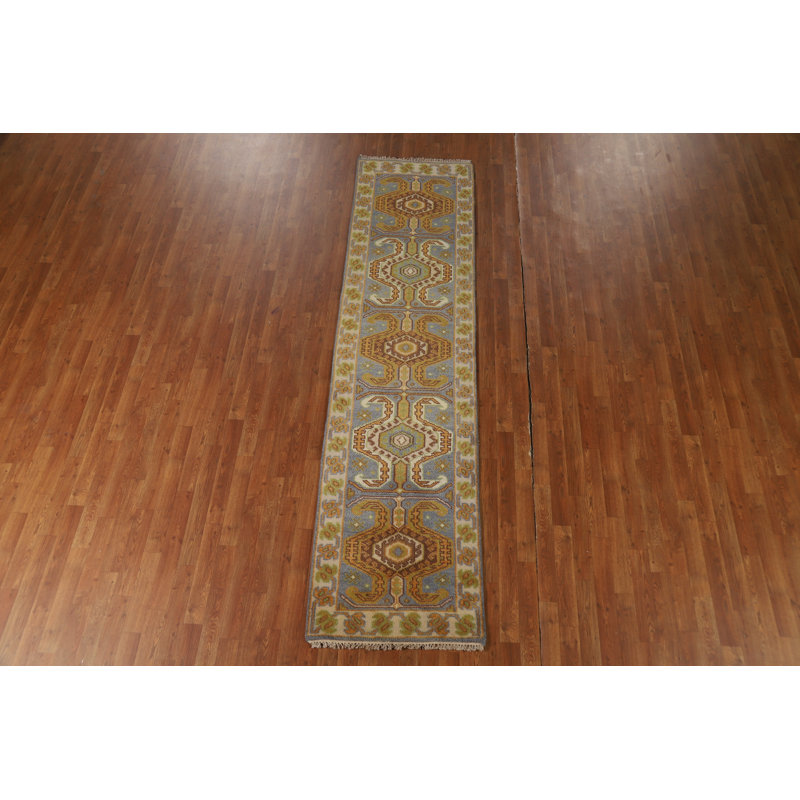 Tapis de couloir oriental à motif géométrique gris Kazak 3 x 10