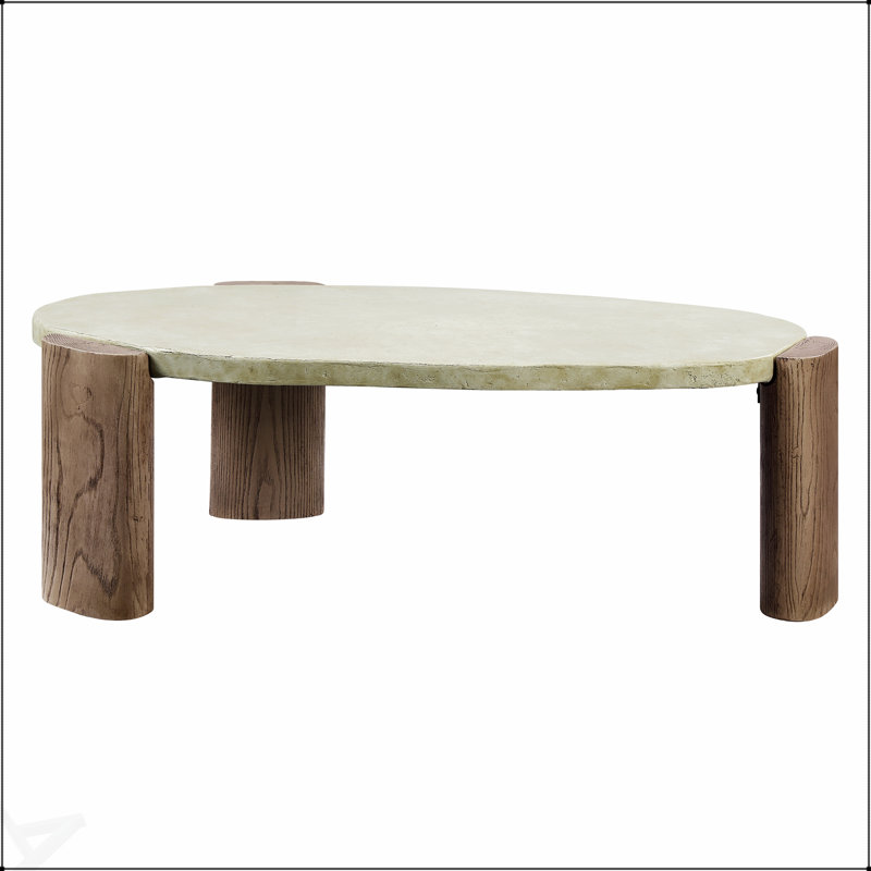 Table basse Dayana écologique en béton de fibres avec finition blanc cassé et chêne, durable et élégante pour les intérieurs modernes.