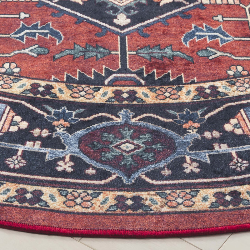 Willamae Orlando Felt/Velvet/Laminated Film Machine Washable Southwestern Rug in Rust/Blue, Round 6'7"