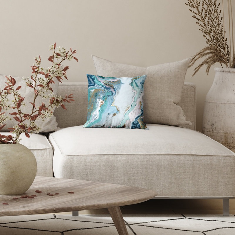 Coussin décoratif abstrait en marbre avec polyester de qualité supérieure - blanc et bleu, 16 po x 16 po