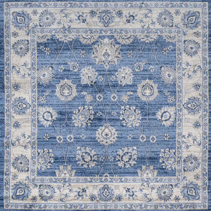 Tapis persan moderne bleu / ivoire Fenley, Carré 6 pi 7 po