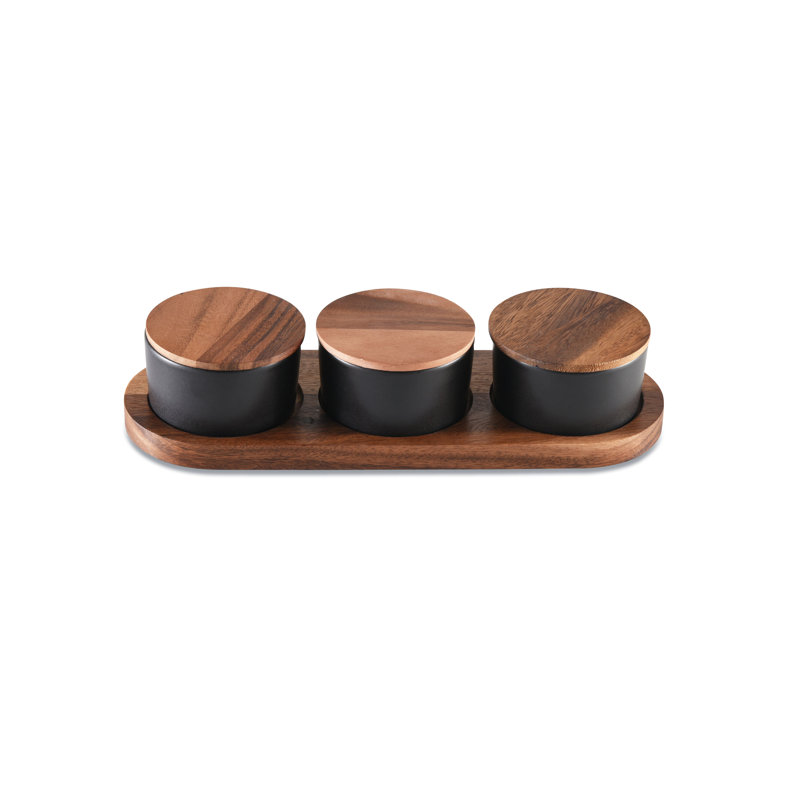 Support à condiments en bois d'acacia avec 3 céramiques