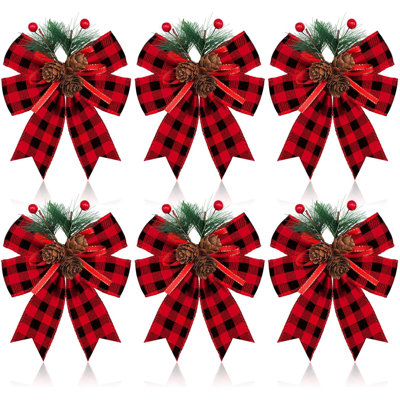 6 Pcs Christmas Bows with Pine Cones Pine Needles Xmas Velvet Bows Black and Red Ribbon Christmas Tree