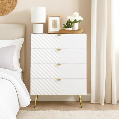 Commode haute Tyra, 5 tiroirs à motif de vagues avec poignées dorées, blanc