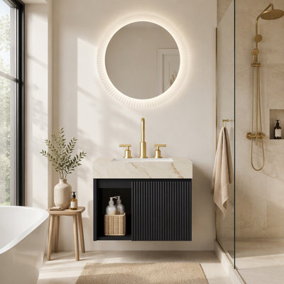 Meuble-lavabo de 24 po avec lavabo, armoire de rangement flottante de couleur noire, plateau en pierre frittée crème et vasque en céramique, 3 trous de robinet pré-percés, ensemble sans robinet ni drain