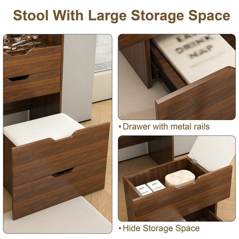 Petit bureau de meuble-lavabo 3 en 1 avec miroir, tabouret et lumières, Walnut+White1