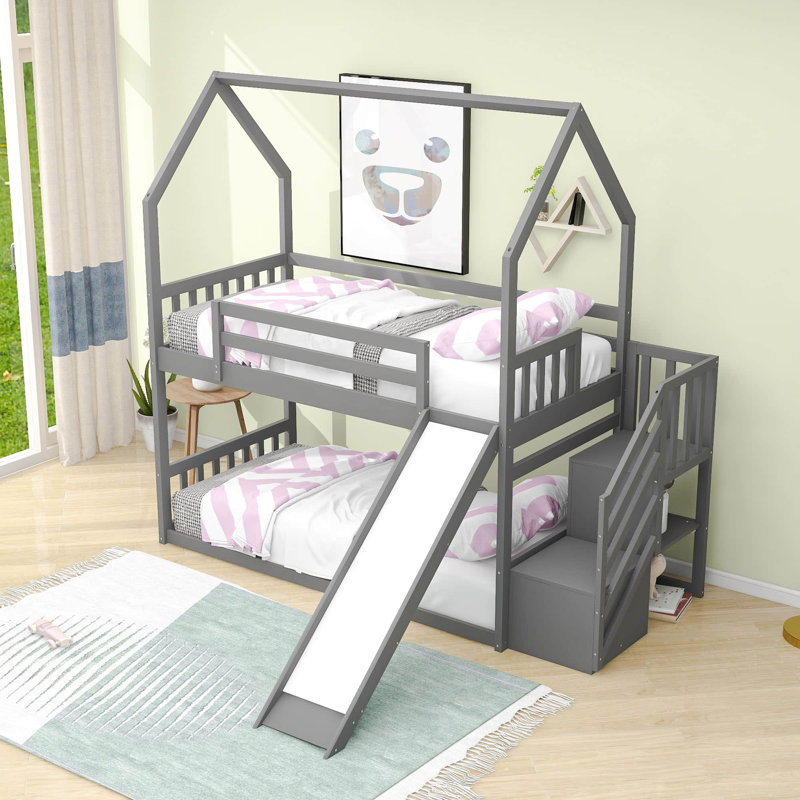 Lavedan Twin Over Twin Standard Bunk Bed with Slide and Shelf, Gray