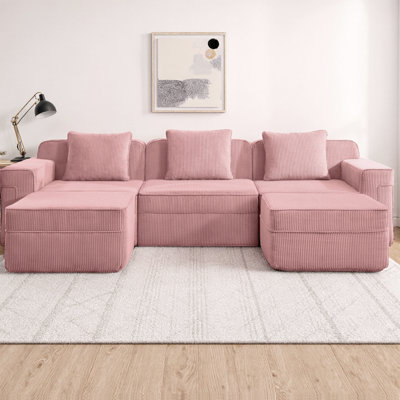 Modular 3-Seater Cloud U-Shape Sectional Sofa with 2 Movable Ottomans, Corduroy Fabric, Deep Seat Boneless Design, Includes Throw Pillows for Living Room