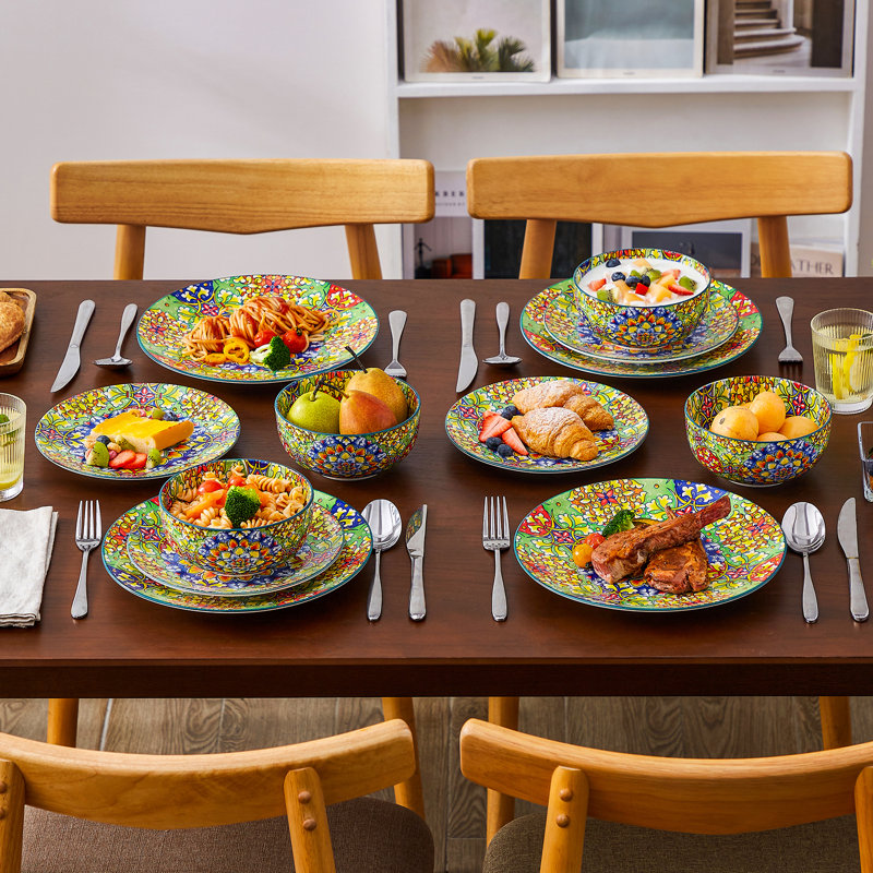 12 Pieces Porcelain Dinnerware Set, Multicolour Set, Dinner Plate, Dessert Plate And Bowl Set For 4 Person, Polychrome, Ceramic Stamping In Bohemian Style