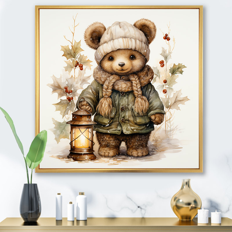 Ours en peluche de Noël II - art mural de l'ours en peluche, H 16 po x l 16 po x P 1 po, Cadre flottant doré