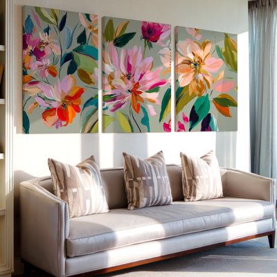 3 Pieces Vibrant Floral Abstract Large Wall Art with Bold Brushstrokes and Dynamic, Three Pieces Wall Art for Living Room, Bedroom, and Office Decor