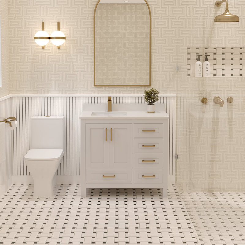 Meuble-lavabo simple 36 po avec plateau en quartz blanc Rooh, Blanc, Or brossé