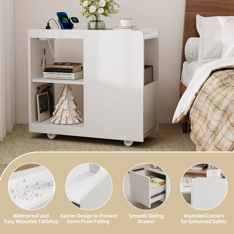 Table de bout avec station de charge et tiroir, table d'appoint mobile avec tablette réglable et roues verrouillables pour la chambre à coucher et le salon