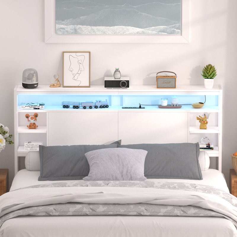 Storage Headboard With LED Lights And Charging Station, Full XL, White